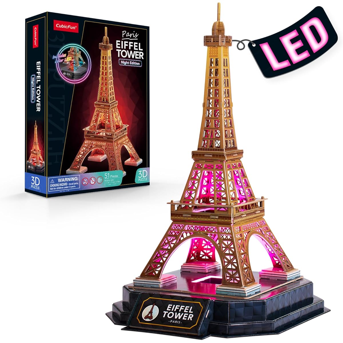 CubicFun 3D Puzzle LED Eiffel Tower with Colorful Lights 3D Puzzle for Adults Model Kits French Building Crafts Adult Brain Teaser Architecture Desk Puzzle Gift for Women Men
