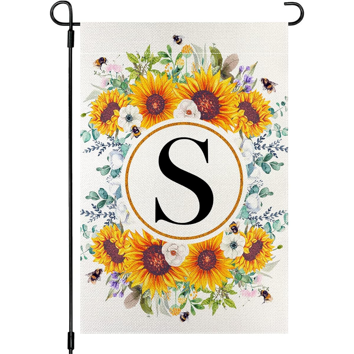Snycler Monogram Letter S Garden Flag Summer Sunflower 12x18 Vertical Double Sided Spring Flower Bee Outside Decor Small Burlap Family Last Name Initial Yard Flag