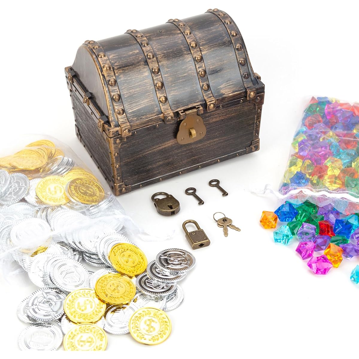 AiFanS Treasure Chest for Kids, Plastic Treasure Chest with 320 Treasure Gold Coins and Gems/Jewels, Perfect for Pirate Themed Parties and Games