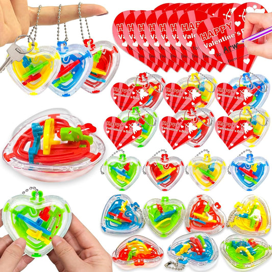 AMENON 28 Pack Valentine Maze Ball Puzzle Fidget Toy with Hearts Valentine Cards for Kids Boys Girls Valentine Classroom School Exchange Valentine Gifts