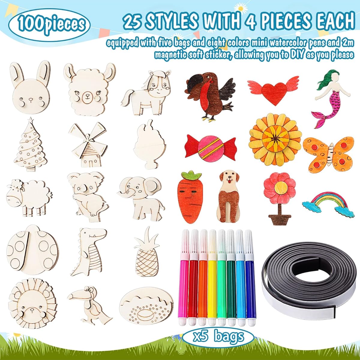 Barydat 100pcs Wooden Magnets DIY Wood Arts & Crafts Craft & Art Painting Kit Party Supplies Party Birthday Gifts Party Favors Easter Basket Stuffers for Boys Kids Girls