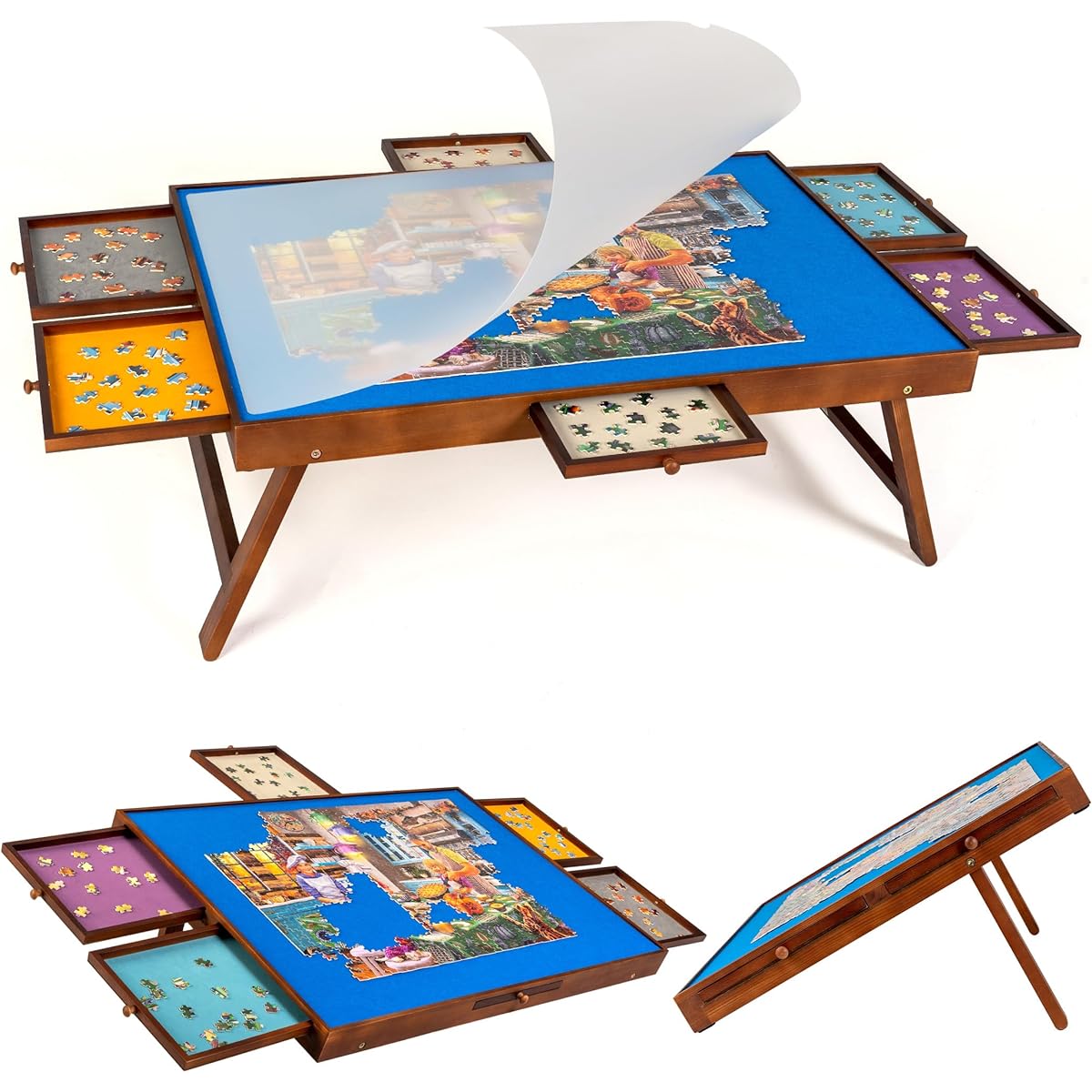 Tektalk Jigsaw Puzzle Table with 6 Colorful Drawers, Puzzle Board with Cover, Holds 1500, 1000, 500 Pieces
