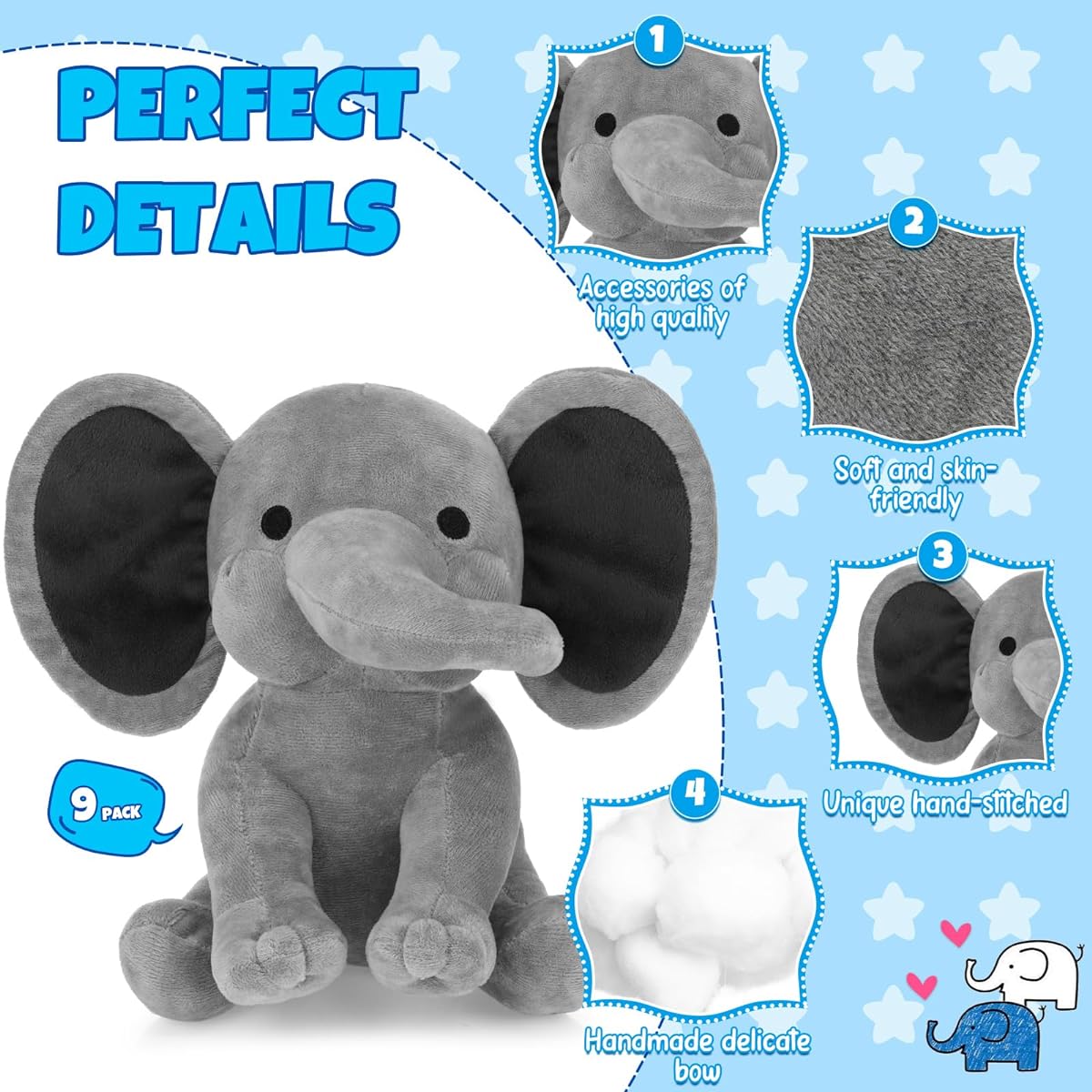 Chitidr 9 Pieces Elephant Stuffed Animals, 9.84 Inch Soft and Cute Stuffed Elephant Toys for Baby Shower, Elephant Themed Birthday Party Supplies Gifts for Baby Girls Boys Bed Decor (Grey)