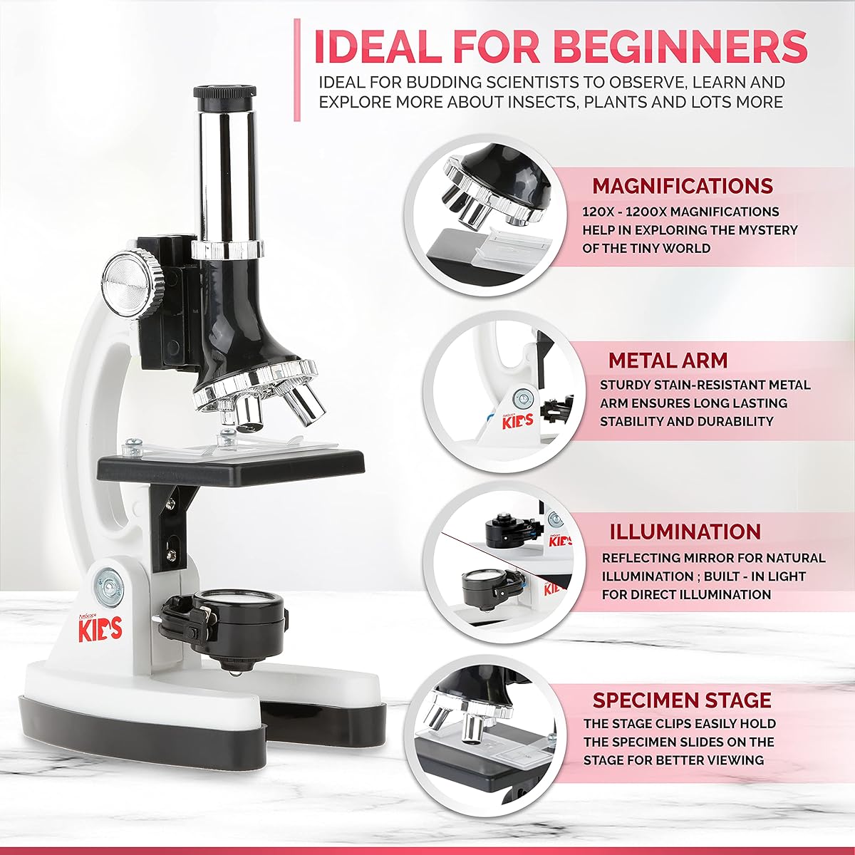 AMSCOPE-KIDS M30-ABS-KT1 120X-240X-300X-480X-600X-1200X Educational Beginner Biological Microscope Kit Complete Accessory Kit with Metal Frame, Built-in LED Electric Light, Reflector, Slide