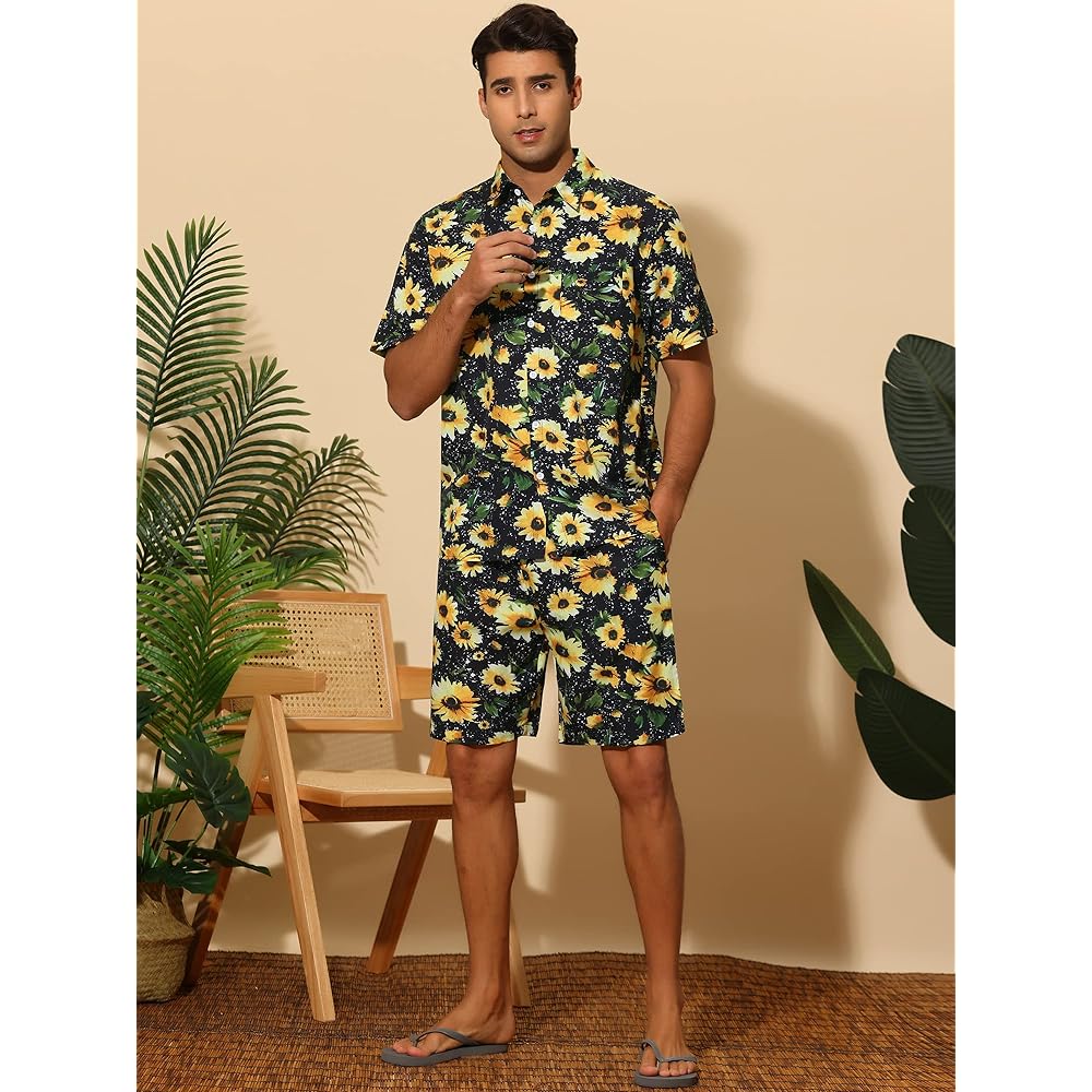 [Lars Amadeus] Summer Shirt Shorts Sportswear Short Sleeve Floral Lemon Heart Print Hawaiian Coordination 2 Piece Set Holiday Men's