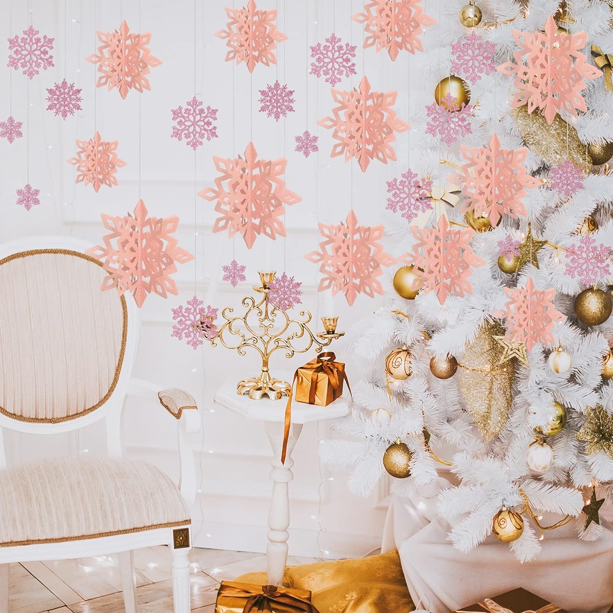 42 Pieces Winter Christmas Party Decorations 3D Snowflake Hanging Decorations Set, 3D Hanging Snowflake Decorations Pendants for Christmas Winter Party New Year Home Decorations (Pink, 2", 3", 3.9")