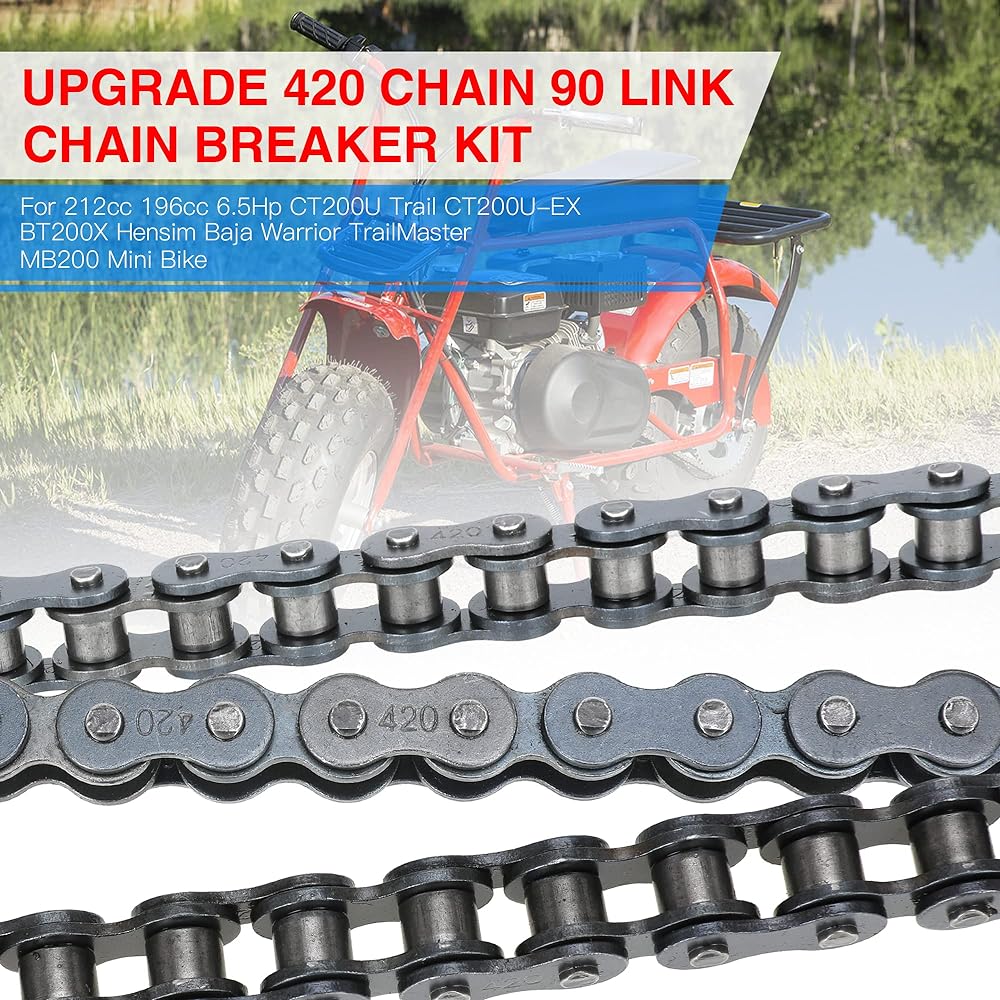 GREHUA Rear Drive 420 Chain 90 Link Chain Breaker with Standard Master Link BT200X CT200U Trail CT200U-EX TrailMaster MB200 Hensim Baja Warrior MB165 212cc 196cc 6.5Hp Mini Bike Parts Motorcycle