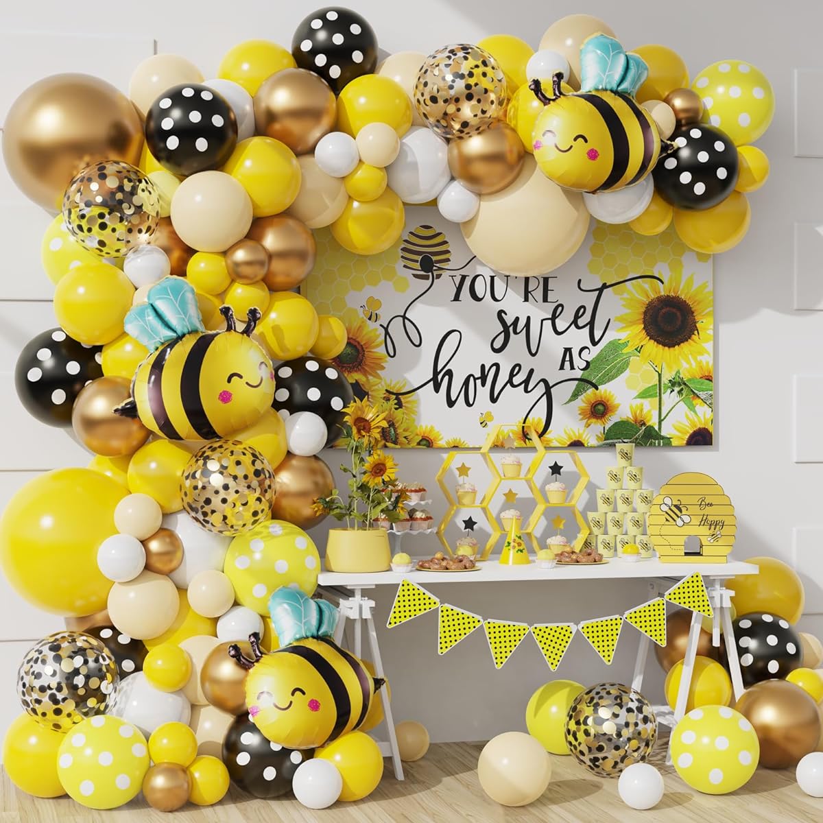 DUBEDATT Yellow Gold Balloon Garland Kit with Bee Foil Balloons Bee Theme Baby Shower Bee Birthday Gender Reveal Birthday Party Decorations Supplies