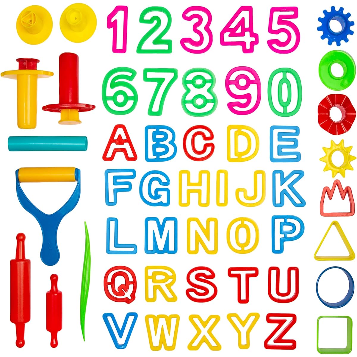 (42 Dough Tool Kit) - Kiddy Dough 42-Piece Play Dough Tool Kit & Clay Party Pack w/Letters and Numbers - Mega Tool Playset Includes 45 Colourful Cutters, Moulds, Rollers & Play Accessories + 2 BONUS Surprise Dough Extruders