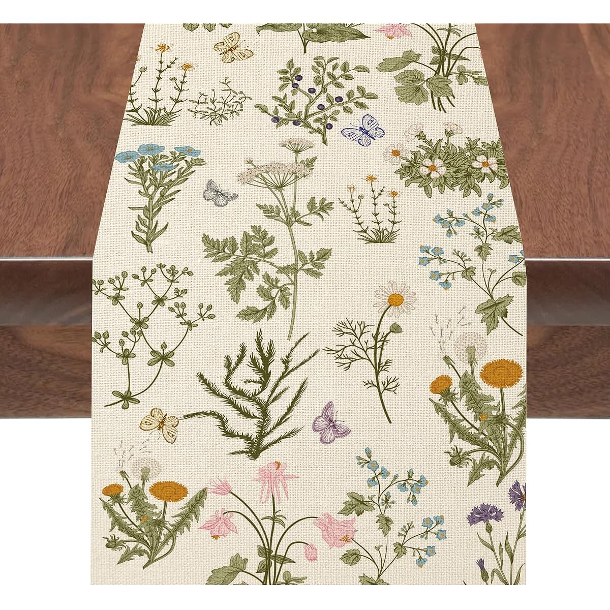 APKPK Spring Wildflower Table Runner, Floral Leaves Summer Butterfly Herbs Table Runner Spring Kitchen Dining Table Decorations for Home Party Decor 13x72inch
