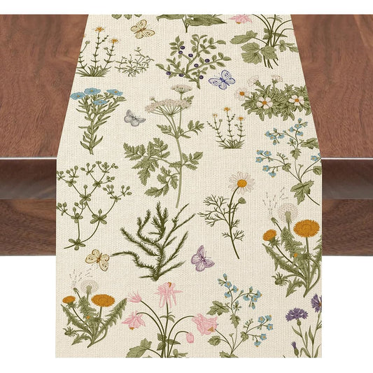 APKPK Spring Wildflower Table Runner, Floral Leaves Summer Butterfly Herbs Table Runner Spring Kitchen Dining Table Decorations for Home Party Decor 13x72inch
