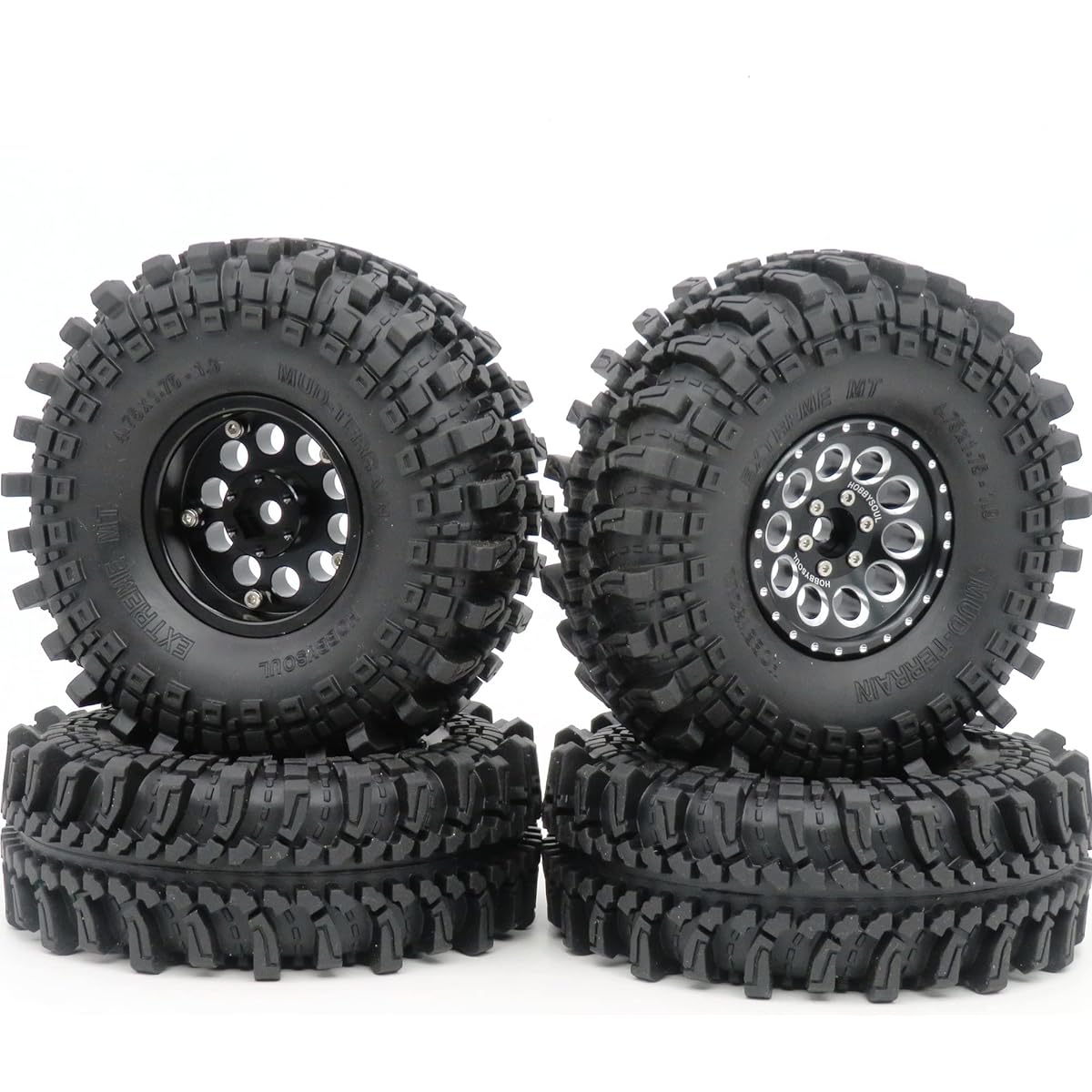 HOBBYSOUL 1.9 Tire 4.75" Height (121mm) Mounts on 1.9 Beadlock Wheels Black 1/10 Crawler Redcat Gen8 Traxxas TRX-4 Tamiay CC01 Axial SCX10 Mud Crawler Compatible with Badland Terrain (Pack of 4 Assembled)