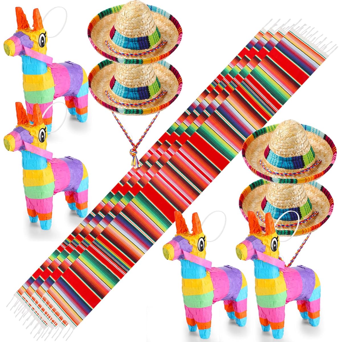 Mexican Theme Party Decorations Set of 12 Large Mexican Table Runner Mini Donkey 4 Pinatas Mini Sombrero Party Hat Mexican Theme Party Birthday Party Fiesta Theme Party Decorations