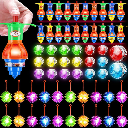 60pcs LED Light Up Fun Responsive Balls Spinning Top Bouncy Ball Kit 20pcs Responsive Bearing Balls 20pcs Plastic Gyroscope 20pcs Puffer Balls Beginner Birthday Party Multicolor