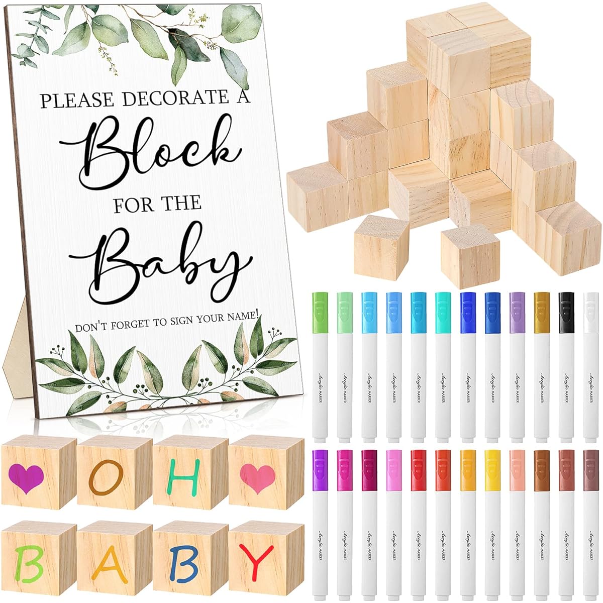 Tatuo Baby Shower Game Sign Kit with Decorative Block Game Signs, 50 Pieces DIY Blank Wooden Blocks, Acrylic Paint Markers for Baby Shower Prizes and Game Winners, Gender Reveal Party (Green)