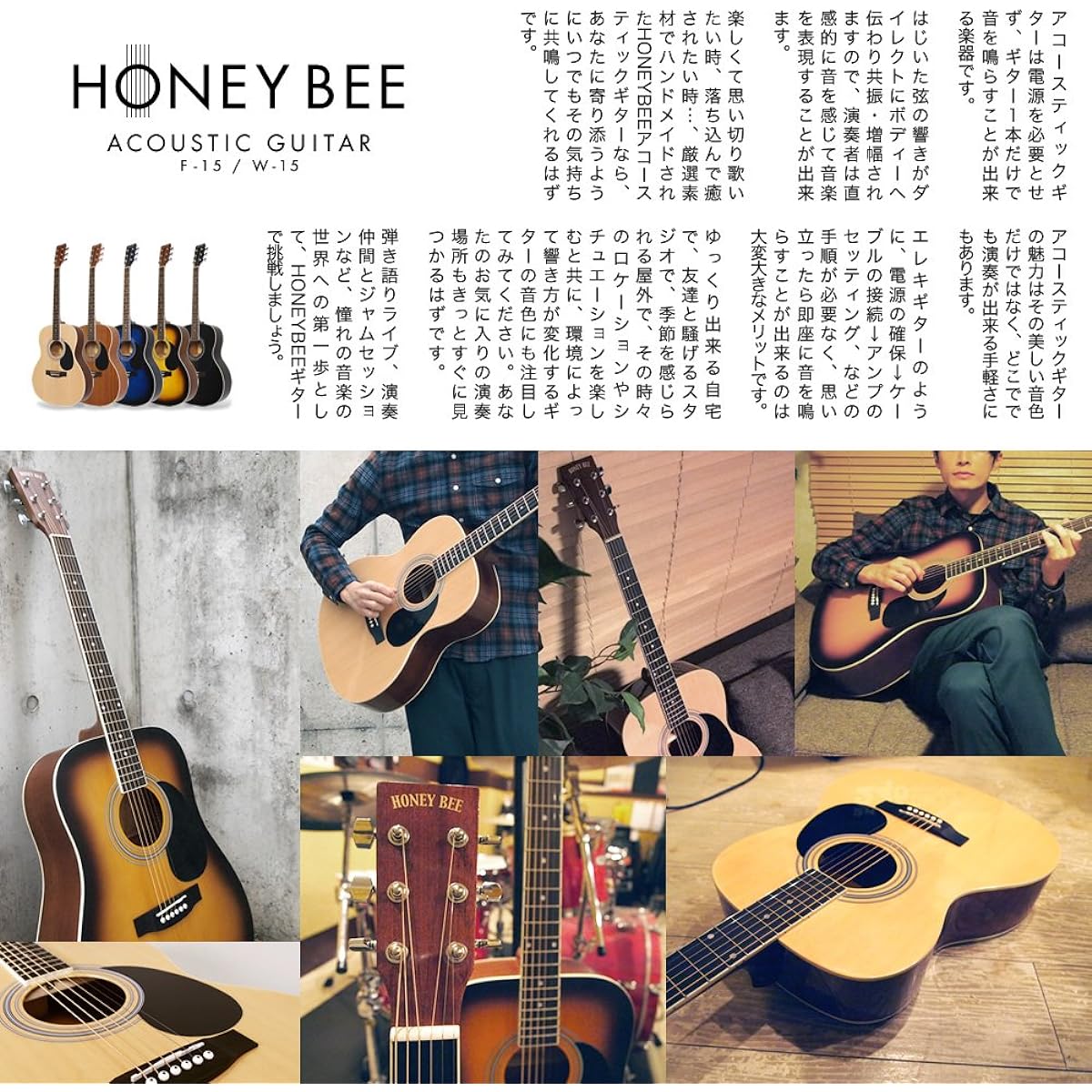 HONEY BEE Acoustic Guitar W-15M/BK Limited Matte Finish Model Beginner's Limited Tuner Set [Clip Tuner]