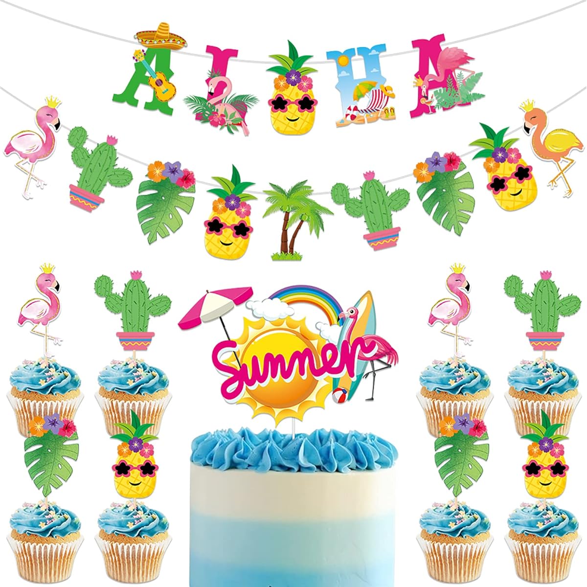 Tropical Aloha Party Decorations - Luau Party Supplies Hawaiian Party Happy Birthday Banner Hawaiian Beach Theme Summer Beach Pool Party Decorations (Banner, Cake Insert Included)