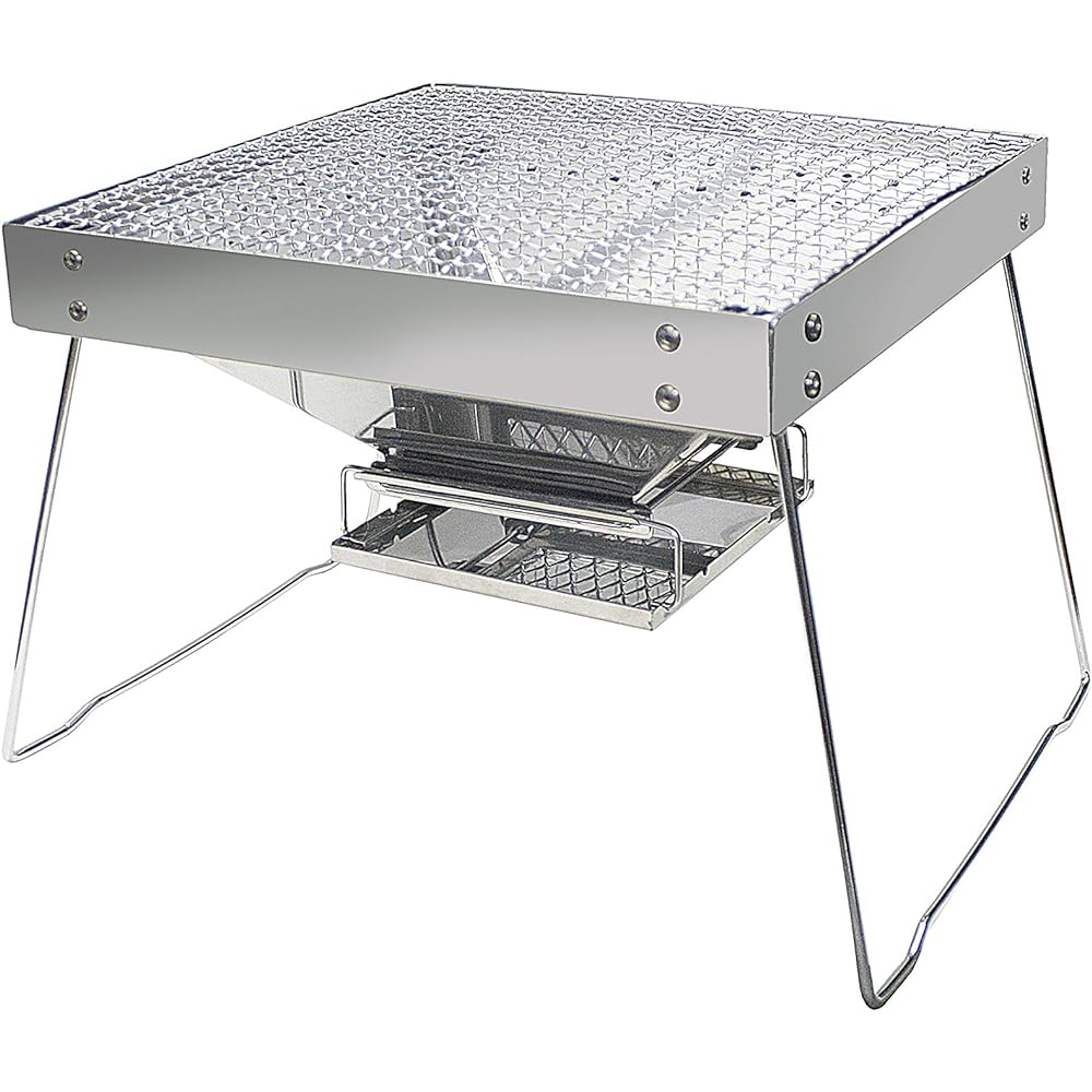 Onoe Seisakusho (ONOE) Folding BBQ Table T-4683-II Encloses a BBQ stove or bonfire Standing/sitting cooking possible 117 x 80 x 30/70 cm (height adjustable in 2 levels) Camping table Outdoor table + Folding fire grill 35 + multi hanger