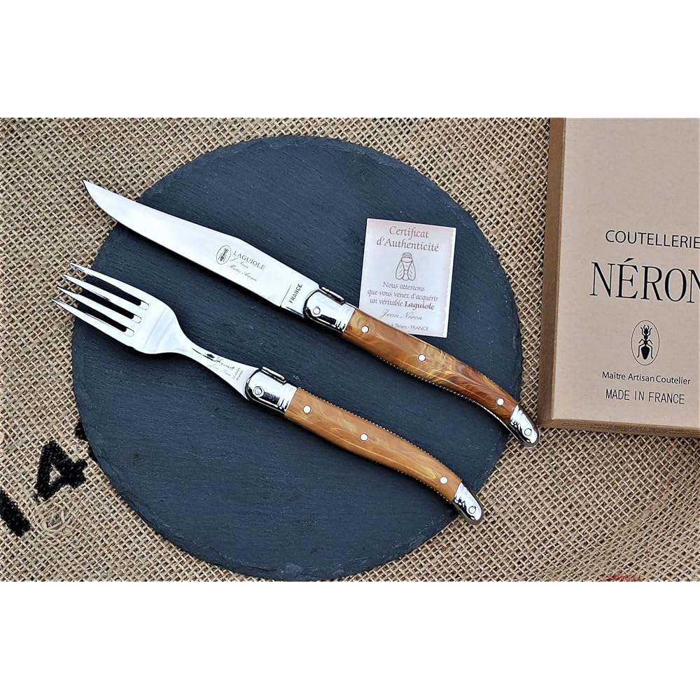 Raieur ABS handle 2.5mm dinner knife 2.0mm fork set gift boxed Made in France NERON Olive Marble