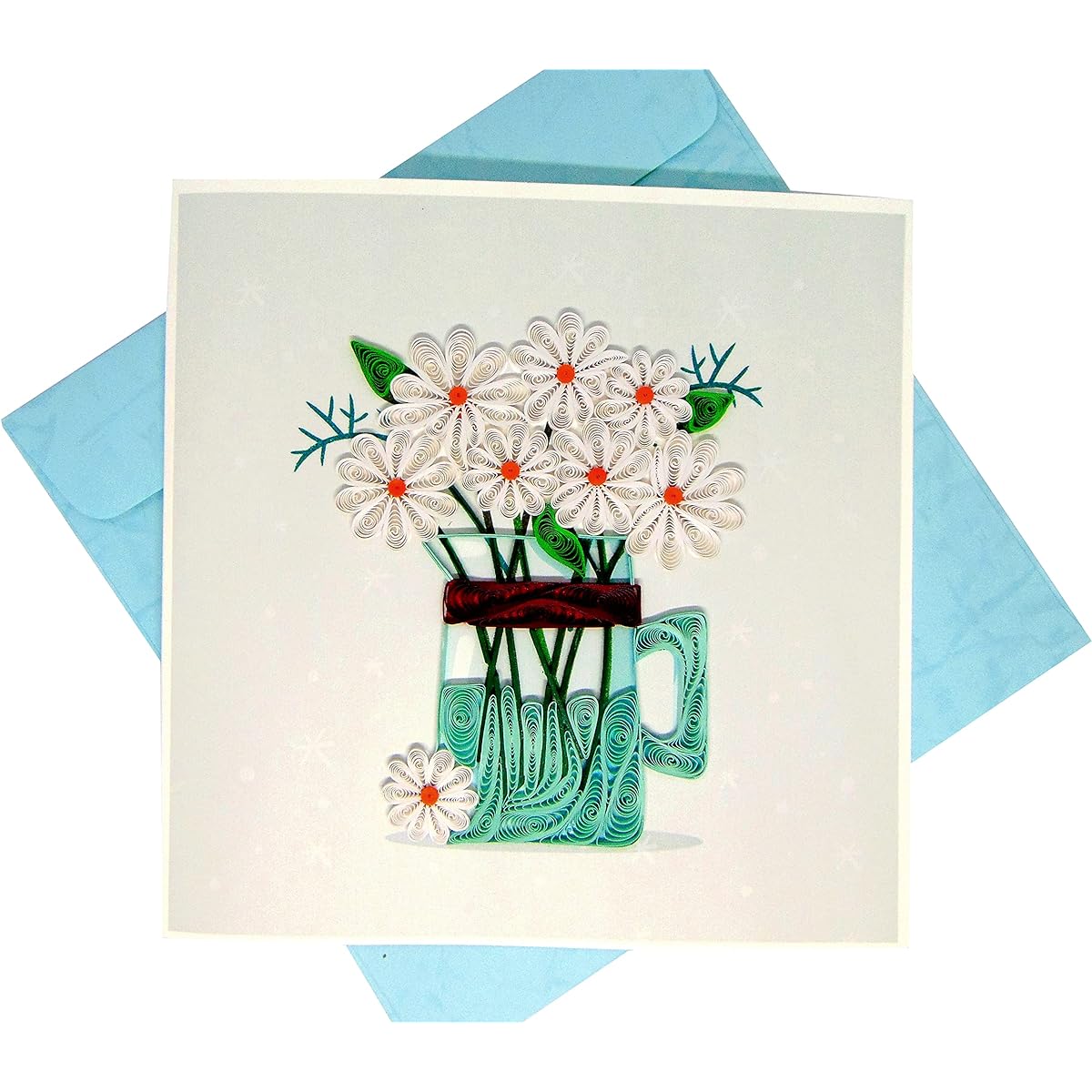 White Daisy Flower with Cup Quilted Card 3D Unique Exclusive Handmade Design Greeting Card Birthday Valentine's Day Mother's Day Spring Father's Day Graduation Wedding Anniversary Thank You for Any Occasion 6" x 6"