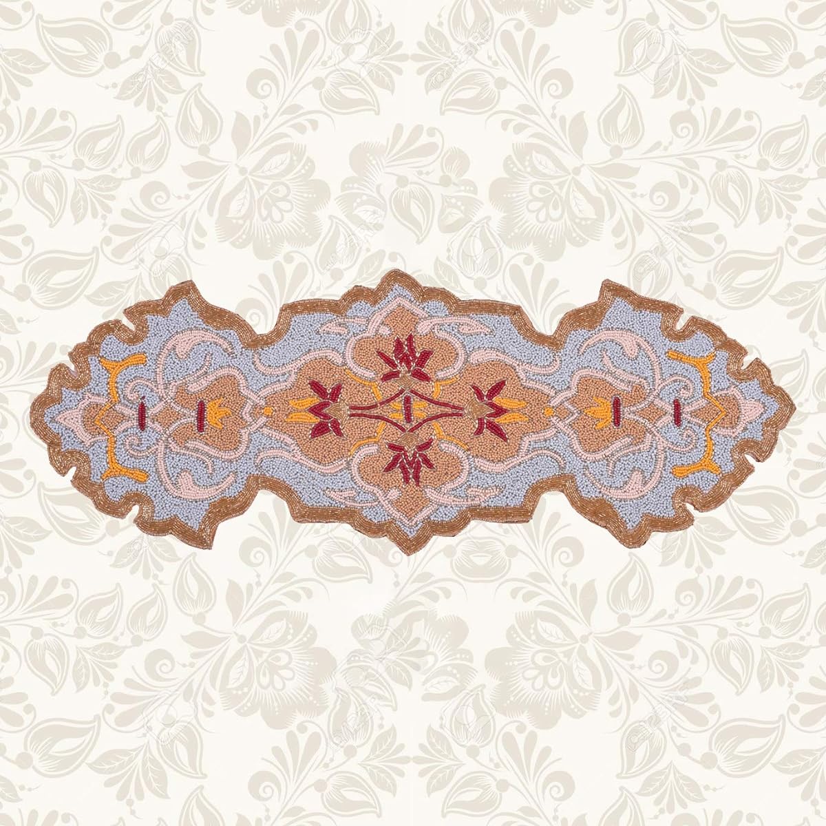 Embroidered Beaded Table Runner Satin Back Winter Christmas Dining Kitchen Table Decor Handmade with Fabric Beads Size 36 x 13 Inch