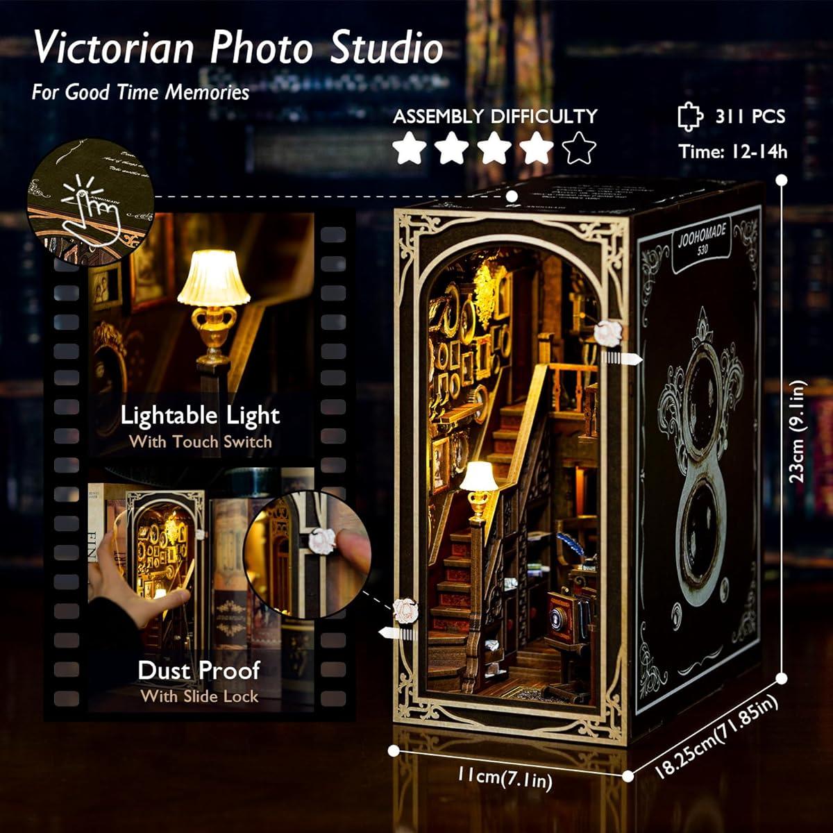JOOHOUR DIY Book Nook Kit Dollhouse Miniature Bookshelf Insert Decorative Alley 3D Wooden Puzzle Bookends Model Building Kit with LED Lights Gifts for Teens and Adults Back to Memory
