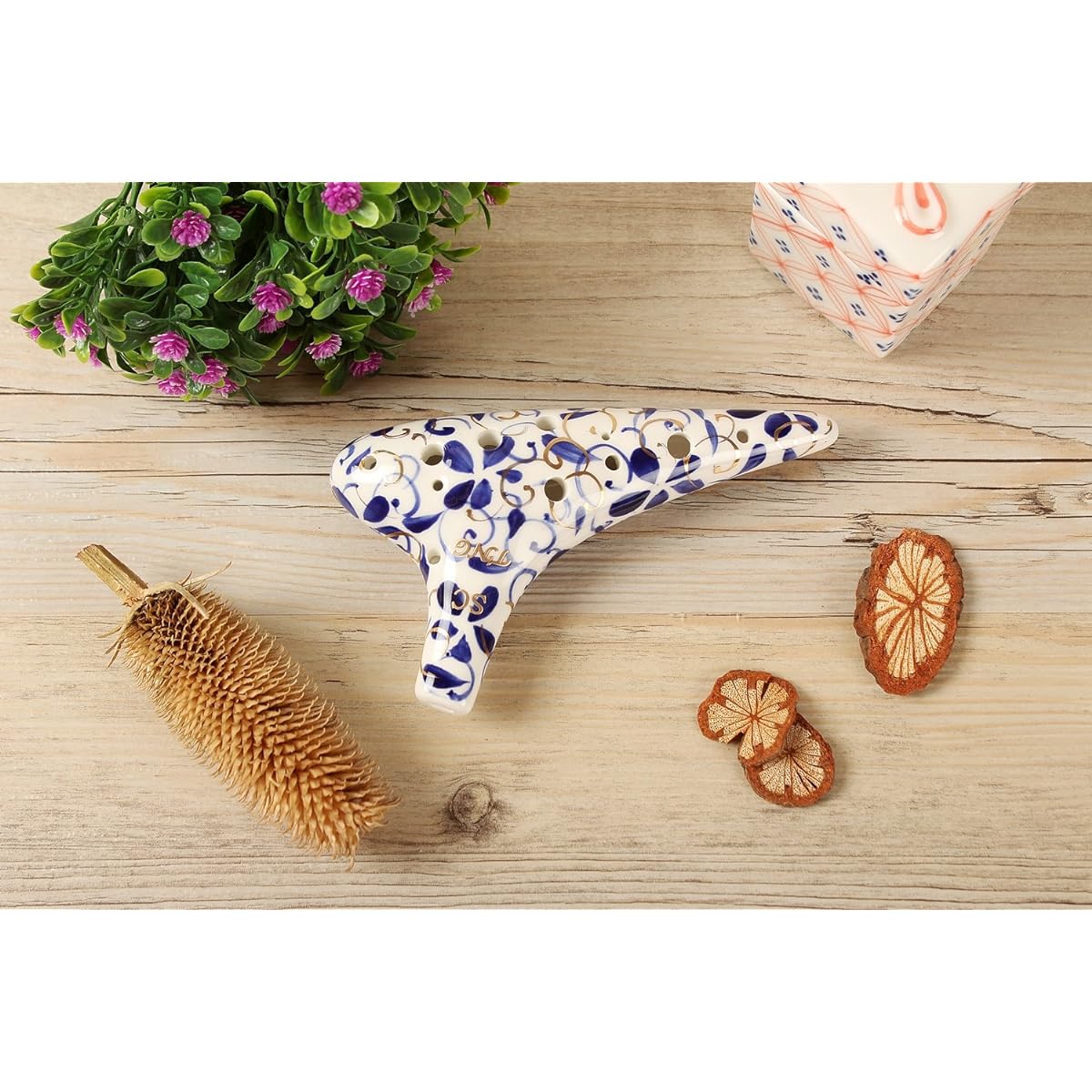 TNG Ocarina Musical Instrument [Soprano/C Key/SC/12 Holes/White & Blue] Luxury Single Ocarina Wind Wind Glaze Finish Blue Flower Porcelain