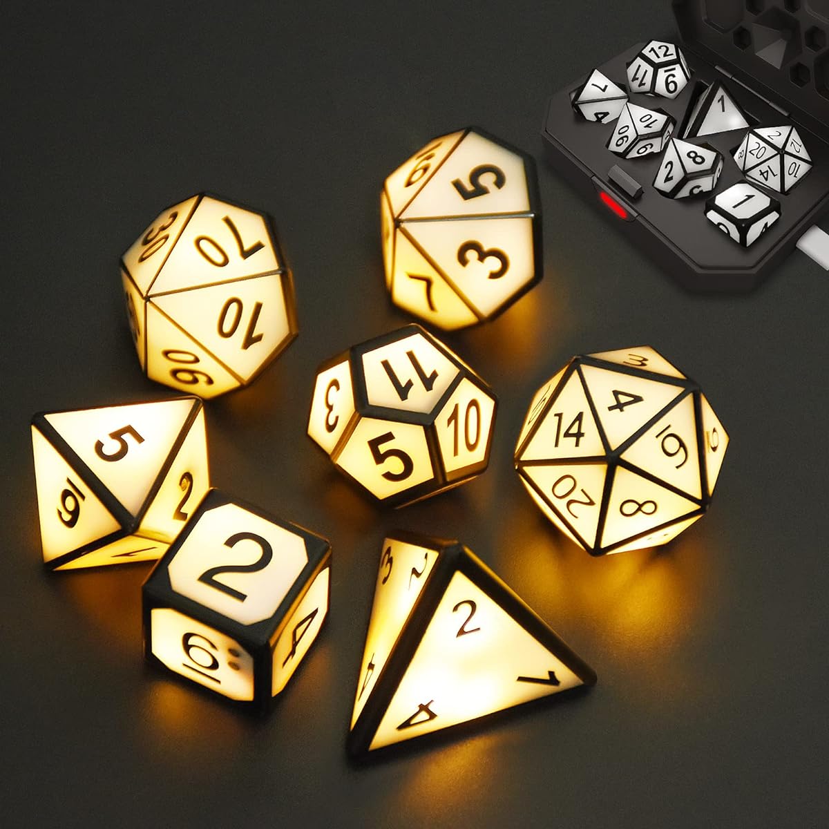 HTPOW Light Up DND Dice Set of 7 USB Rechargeable Role Playing Dice with Charging Box, Shake to Light LED Dice for Dungeons & Dragons Role Playing Tabletop Games