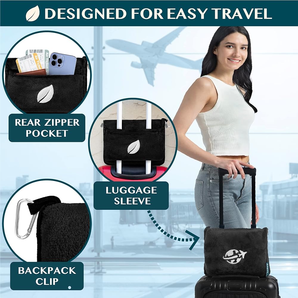 PAVILIA Travel Blanket and Pillow, Warm Airplane Blanket for Adults, 2-in-1 Bag, Compact Airplane Blanket, Airplane Blanket for Airplanes, Camping, with Armholes, Luggage Sleeve, Backpack Clip, Gift for Travelers, Black