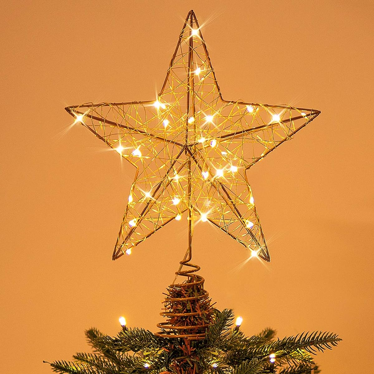 Rocinha Gold Christmas Tree Topper Star Lighted Tree Star Wire Star for Christmas Tree 10" Christmas Star Tree Topper with 30 LED Lights