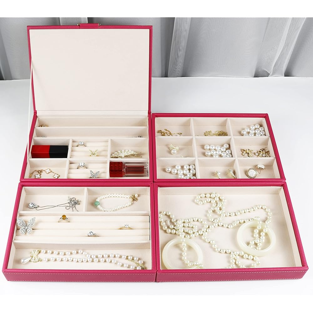 SANSREPONSE Jewelry Accessories Storage Tray 4 Tier Set Jewelry Box Box Case Stackable Large Capacity Earrings Necklace Ring Holder (Hot Pink, 4 Tiers)