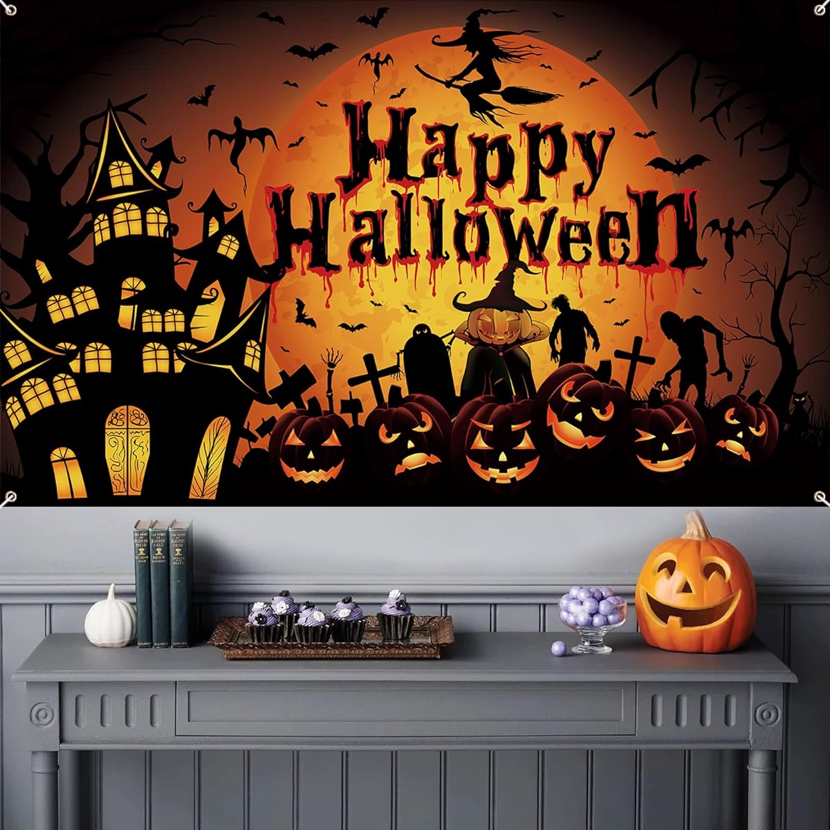 Happy Halloween Backdrop Large Fabric Banner Moonlight Ghost Black Pumpkin Bat Castle Orange Black Banner Witch Photo Booth Background Scary Halloween Party Decorations Supplies 43 x 73 Inch