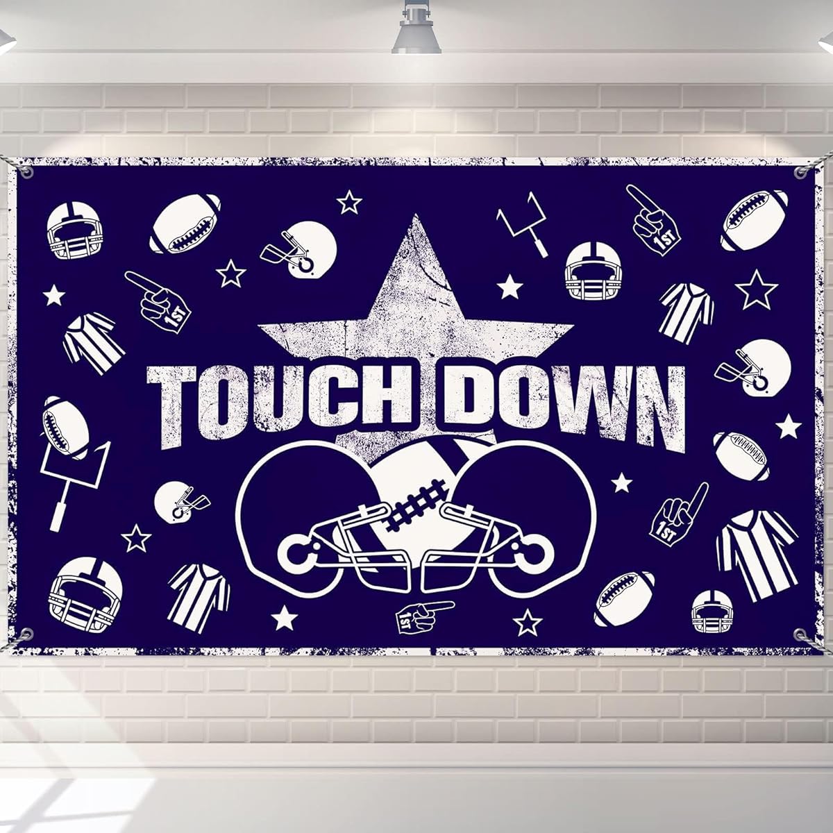 Football Helmet Stars Background Decor Football Team Blue and White Background Banner Giveaway Supplies for Sports Fan Events 71" x 43"
