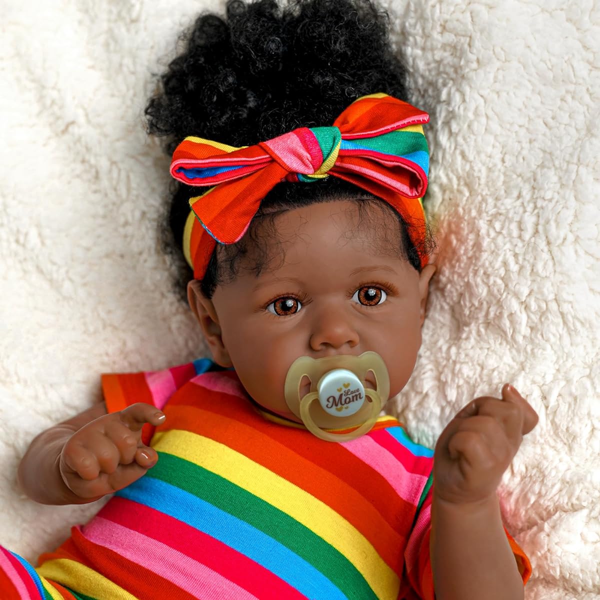 ADFO Lifelike Reborn Baby Doll Black - 22" Soft Body & Curls Realistic Newborn Baby Doll African American Real Life Baby Doll Cloth Body with Feeding Kit & Toy Accessories for Ages 3+