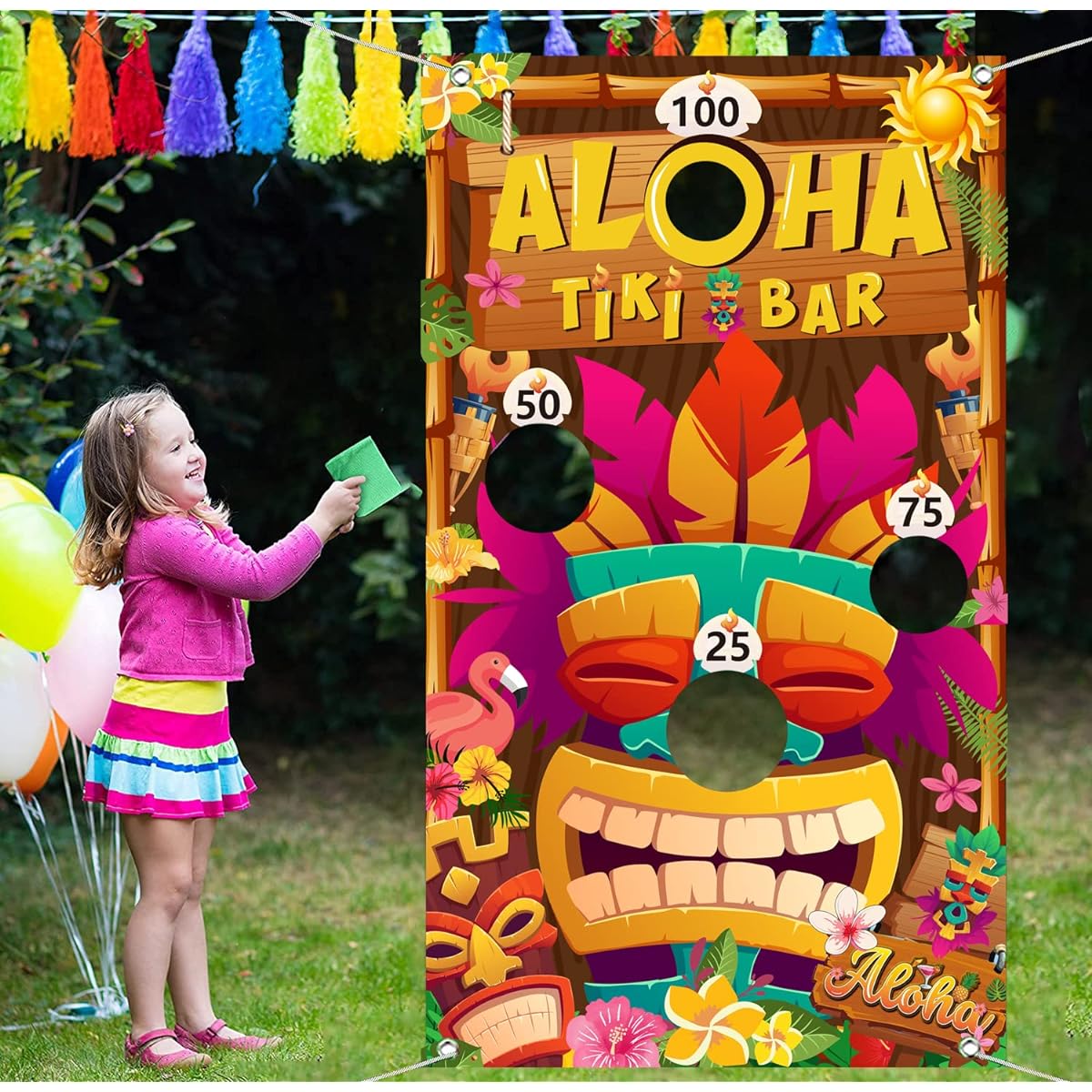 Luau Party Games, Tiki Party Decorations, Tiki Toss Game with 4 Bean Bags and Tiki Banner, Luau Games for Kids, Summer Aloha Games, Hawaiian Party Decorations, Aloha Party Decorations