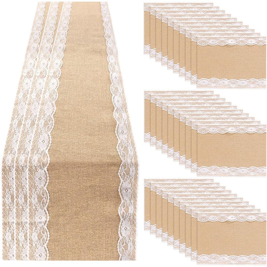 35 Pack Burlap Table Runners and Placemats White Lace Table Runner Rustic Country Wedding Decor Vintage Romantic Jute Placemats Party Favors Engagement Hotel Home Table Decoration 12 x 108 Inch