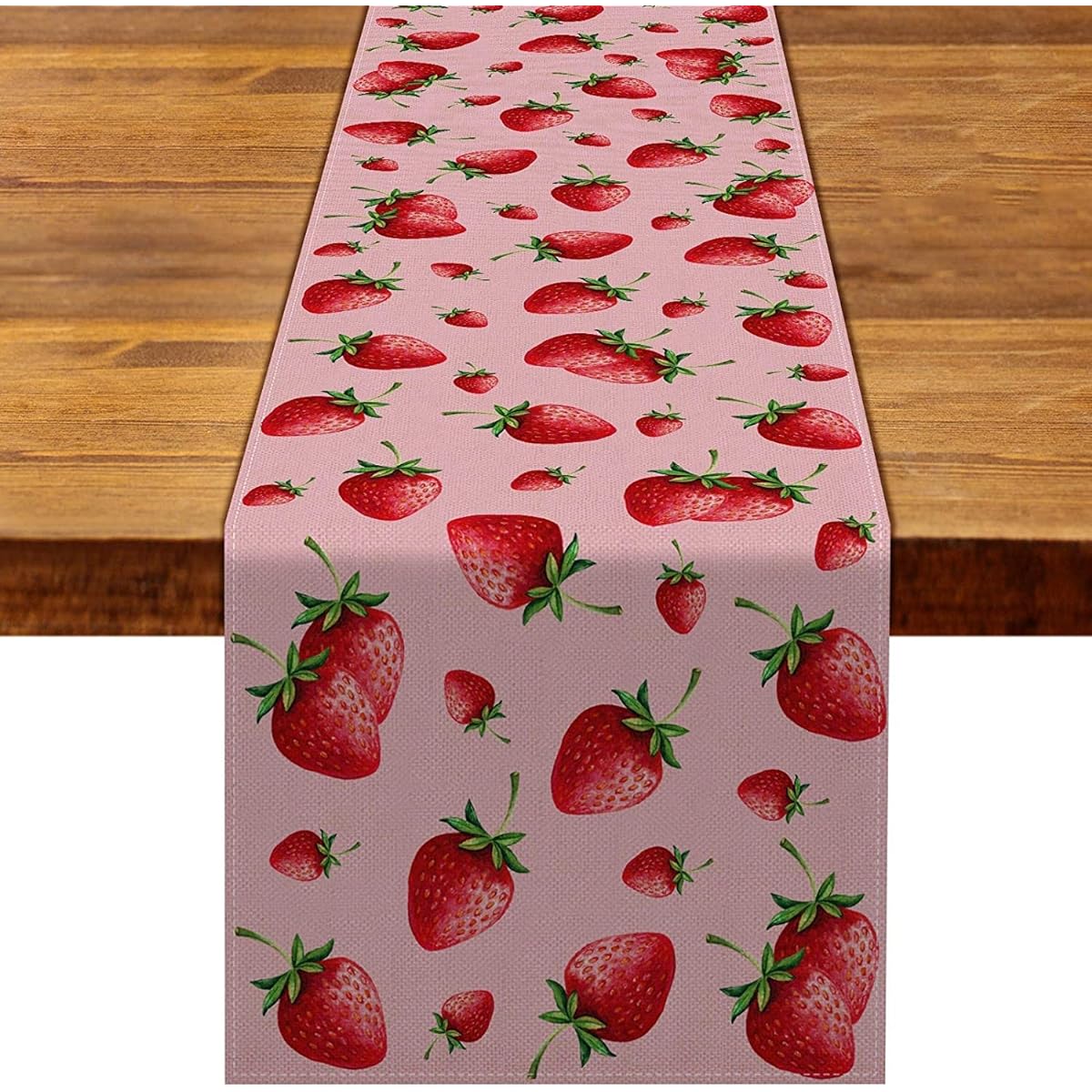 Linen Strawberry Table Runner Rustic Girl Birthday Party Baby Shower Home Dining Room Kitchen Table Decorations (13" x 108")