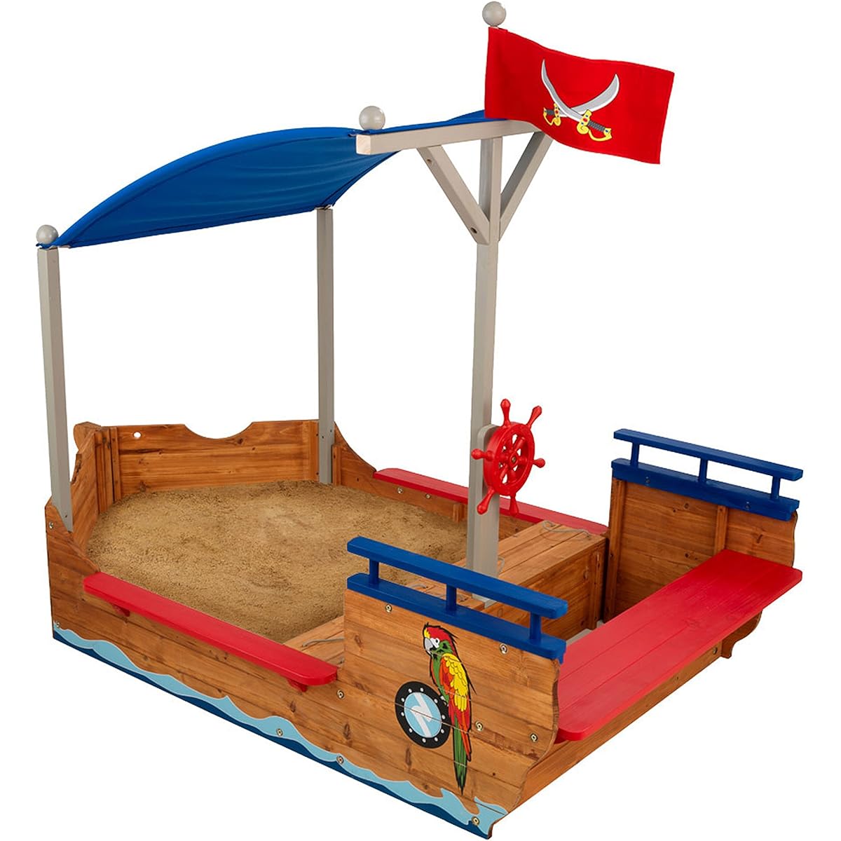 KidKraft Wooden Pirate Sandbox with Canopy, Sandbox for Kids with Cover, Outdoor Furniture, Blue & Red, Ages 3-8