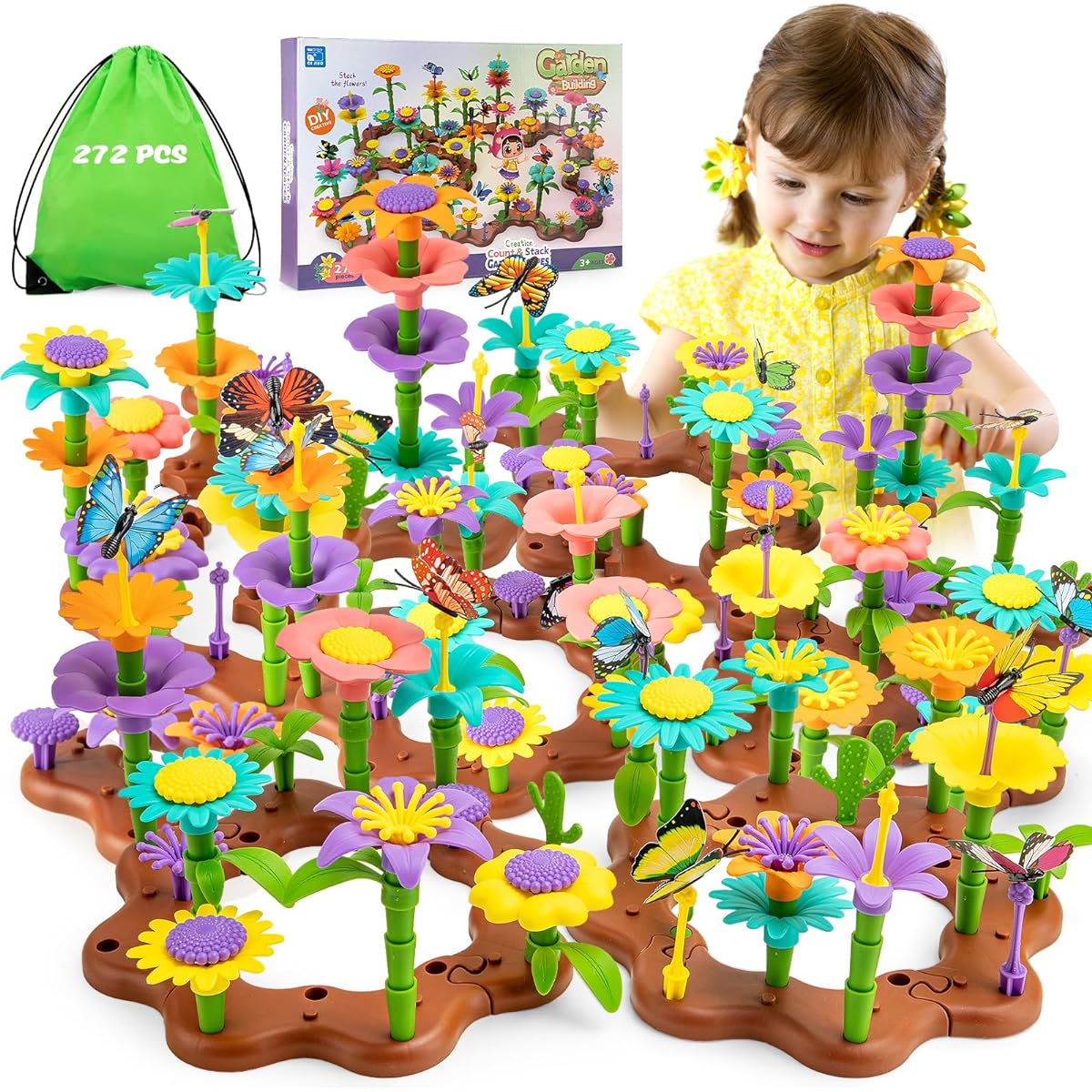 Funsland Flower Garden Building Toys - Preschool Yard Play Set for 2 3 4 5 Year Old Girls 272 Pieces