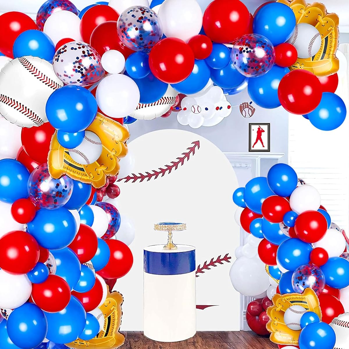 FUNTOOB Red Blue White Balloon Arch Kit, 158pcs Baseball Balloon Arch Garland Kit with Red Blue White Latex Balloons, Confetti Balloons, Baseball Foil Balloons for Boys Birthday Independence Day Decorations