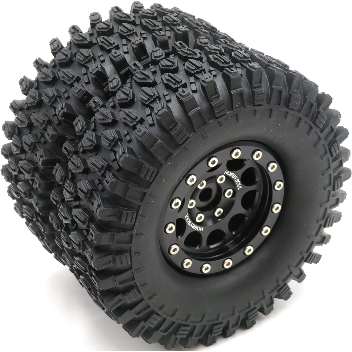 HOBBYSOUL RC 108mm/4.25" Tall 1.9 Beadlock Wheels and Tires 1.9" Tire Wheels Rims Black for RC Axial SCX10 and Other 1/10 1/12 Mud Crawler Trucks (2 Pack Pre-assembled)