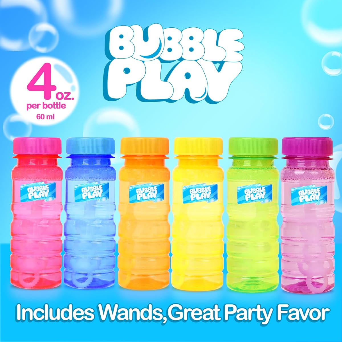 BubblePlay Bubble Blower Bottle with 5 Hole Bubble Wand, 4oz Bubble Solution Bottle for Kids Outdoor Summer Birthday Party Favors, 6 Pack 6015