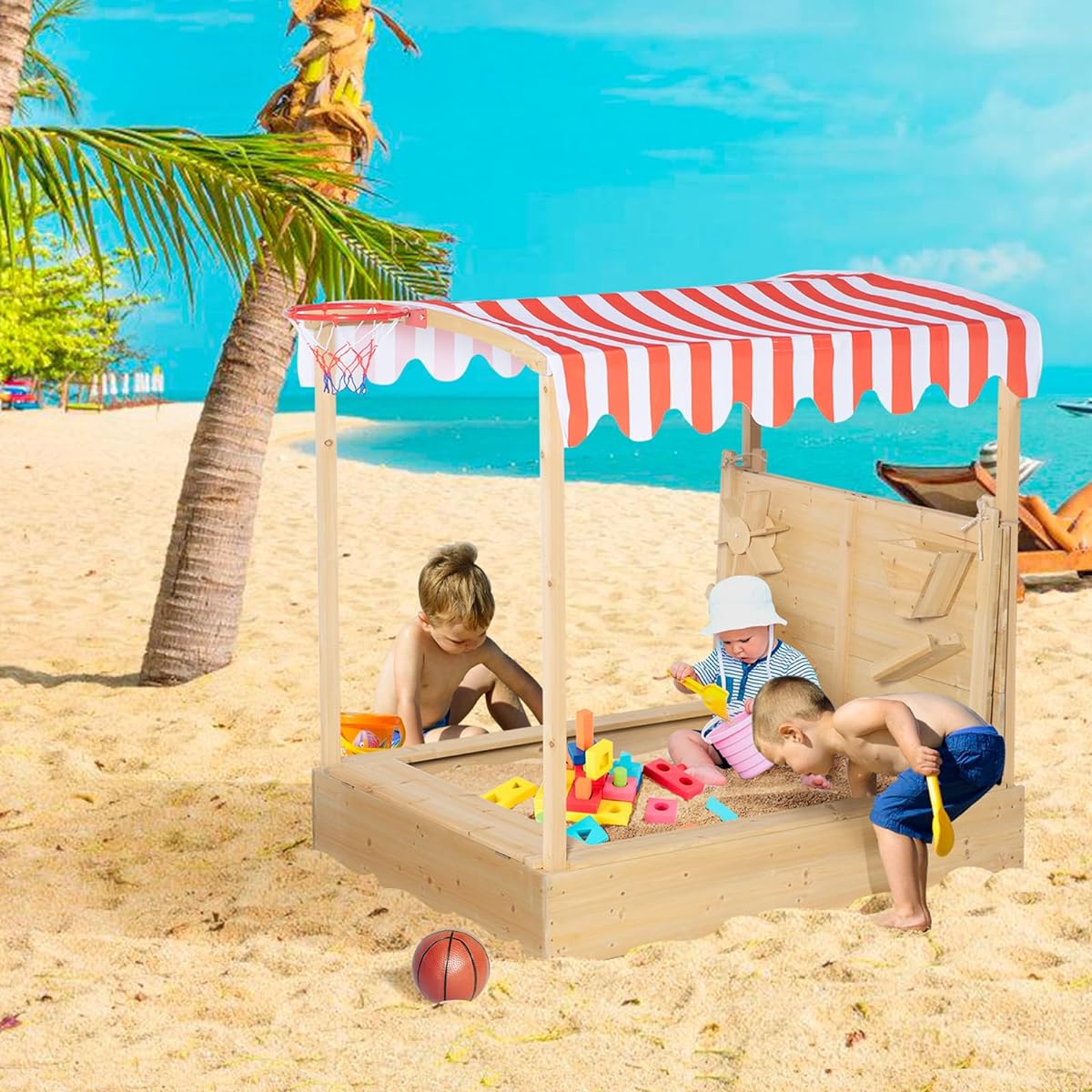 BRINJOY Children's Sandbox with Sand Wall Wooden Pit Playstation with Canopy & Bottom Liner Outdoor Sandbox Toddler Sandbox with Basketball Hoop/Chalkboard/Storage Box & Hooks for Garden/Beach/Backyard
