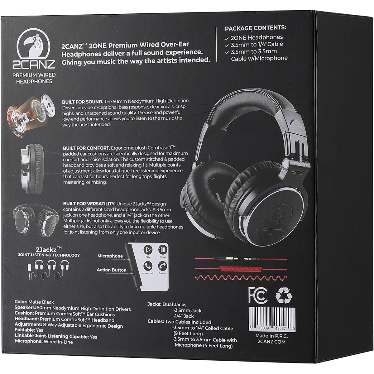 2CANZ Over-Ear Professional Wired DJ Headphones - 50mm Neodymium Drivers Closed-Back Plush Combo Soft Ear Cushions 8-Way Adjustable Ear Pads Foldable Joint Listening