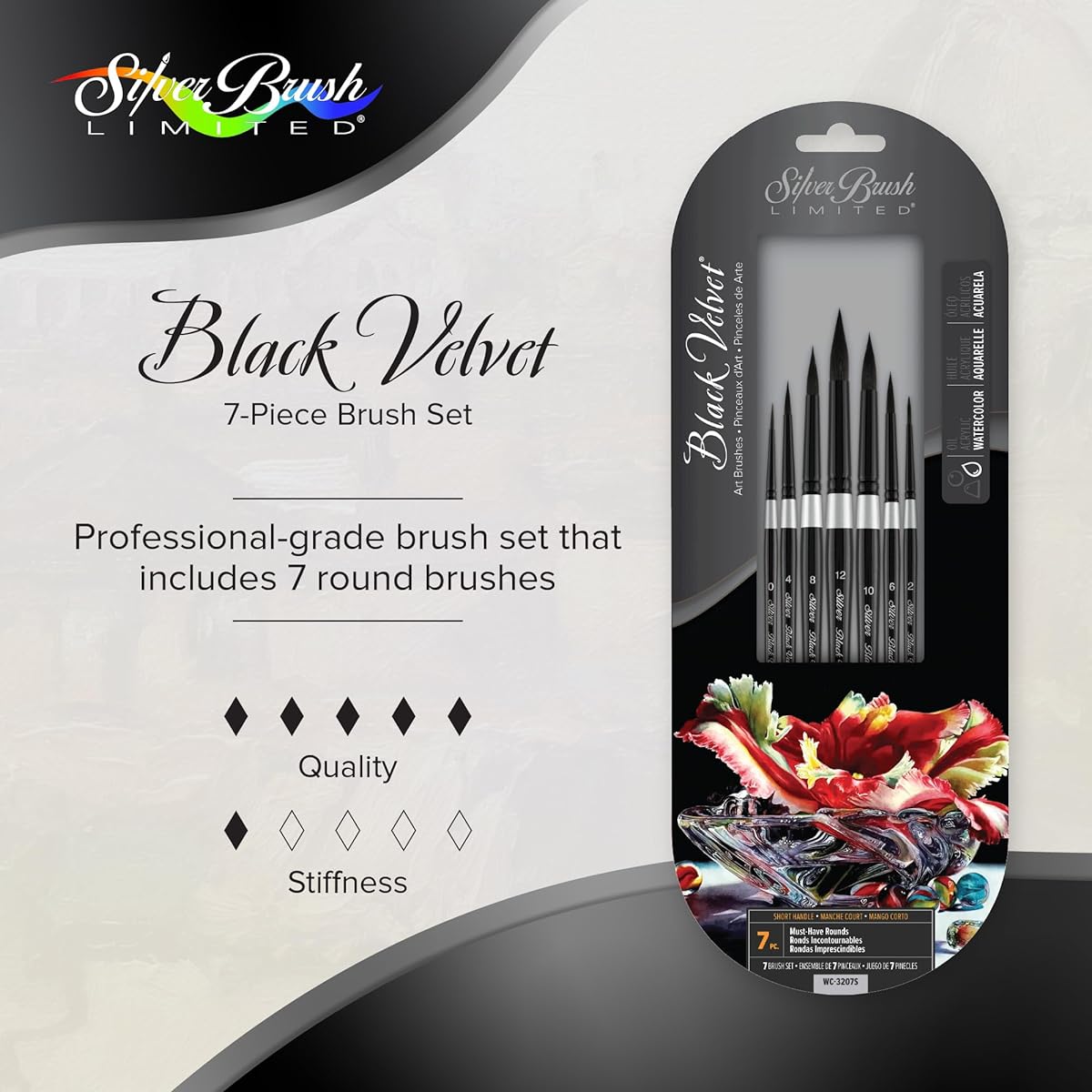 Silver Brush Limited WC-3207S Black Velvet Must-Have Round Set 7-piece brush set in sizes 0, 2, 4, 6, 8, 10, and 12