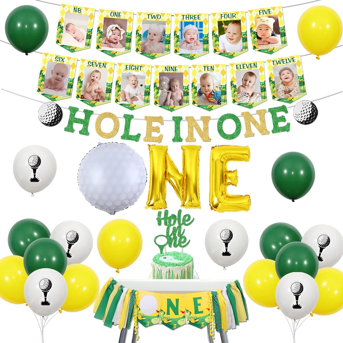 kreat4joy Golf 1st Birthday Decorations for Boys Hole in One Birthday Decoration Banner Lime Green White Balloons Golf Photo High Chair Banner Golf Foil Balloons for Boys First Sports Theme Party