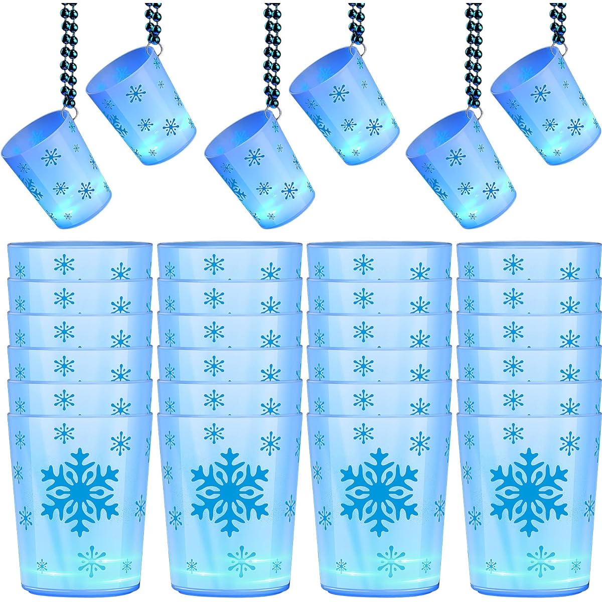 LED Snowflake Shot Glass Necklace, Glow in the Dark Necklace, Party Supplies, Beaded Glow Neon Shot Glasses, Snowflake Necklace, Plastic Cup Shape, Birthday and Wedding Party Supplies