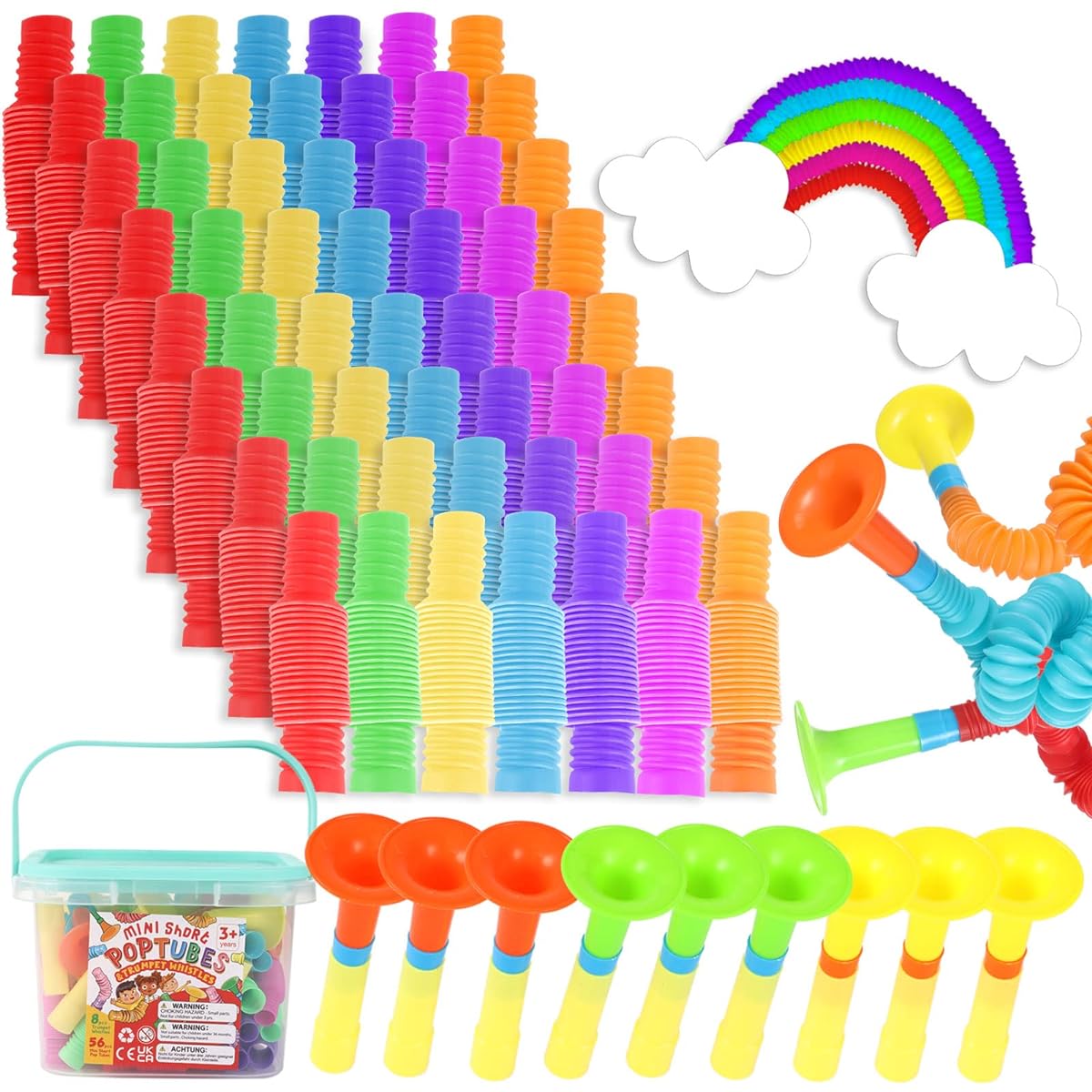 Pop Tubes Mini 56 Pack Kids Fidget Party Favors & Classroom Prizes Preschool DIY Learning Gifts Sensory Stretch Pop Tubes Bulk for Autism Hand Craft Finger Toys Set with 9 Trumpet Whistles