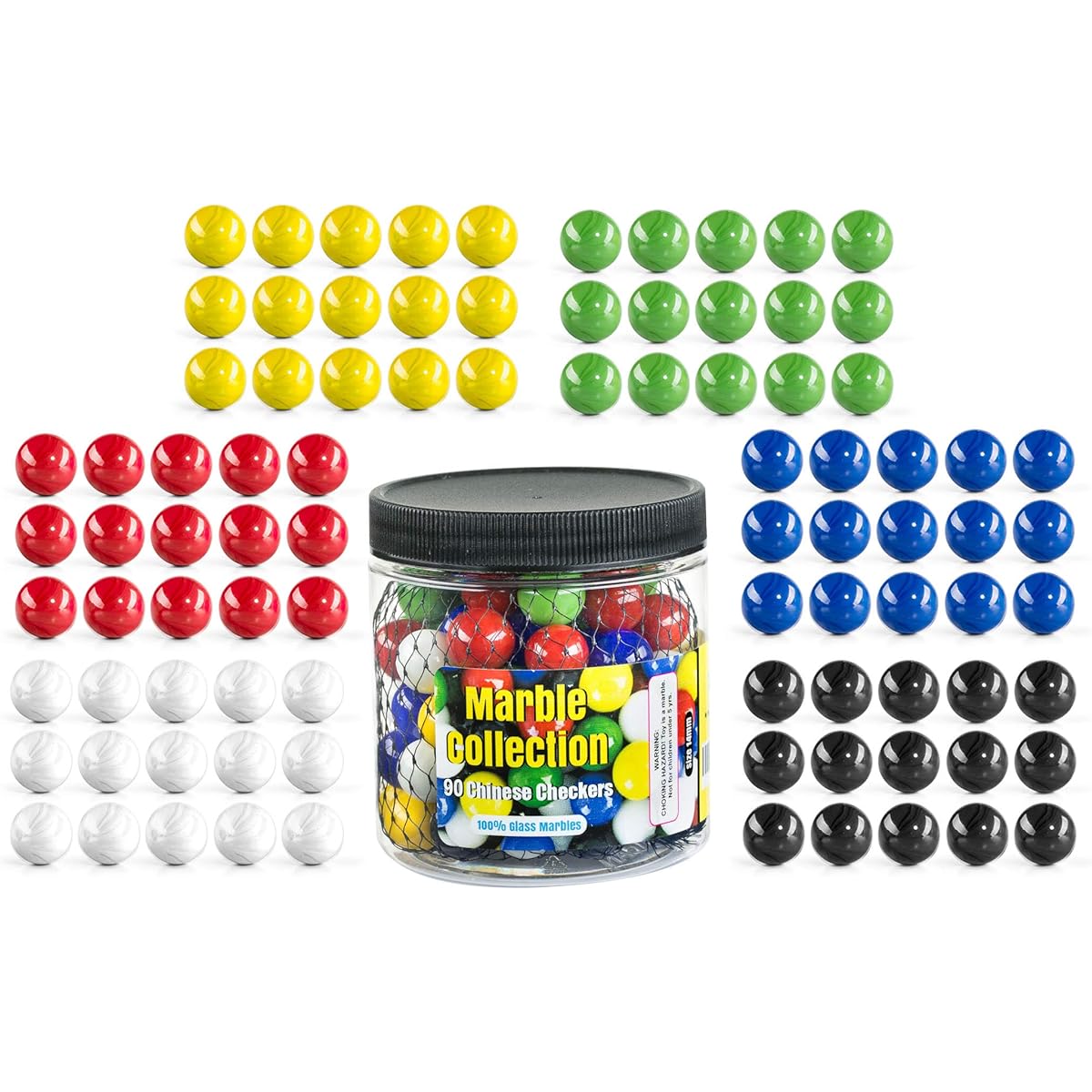 Chinese Checkers Glass Marbles, Set of 60, 10 of Each Color, with Portable Container