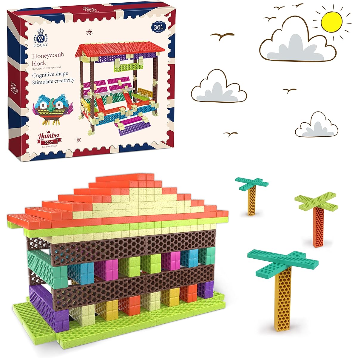 N NOCKY Archimedes Wheat Honeycomb Blocks 90 Pieces Erector Set Assembly Toys Archimedes Building Blocks Environmental Protection Blocks Creative STEM Toys Ages 3-12 Years Old